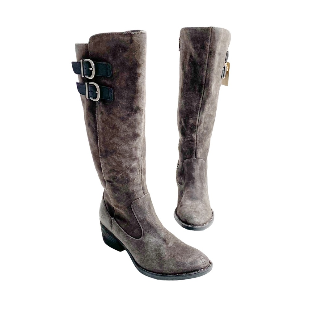 BORN Basil Asphalto Distressed Grey Suede Knee High Buckle Low Heel Boots